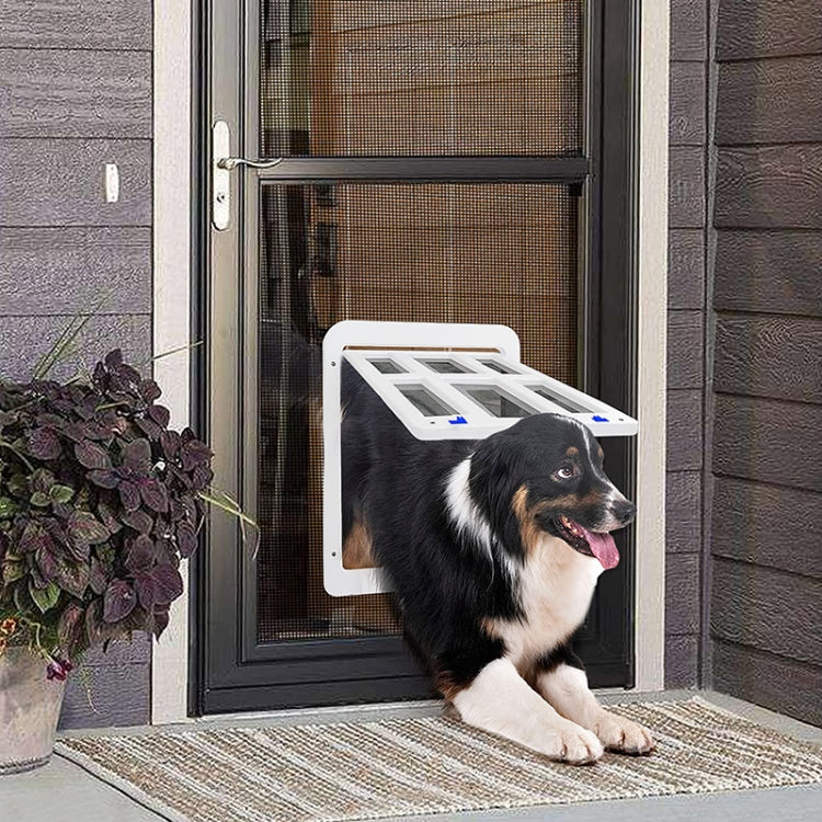 Puerta de tela escocesa para mascotas para orificio de puerta de ventana de pantalla con cierre automático bloqueable, 34cmx 44cm White