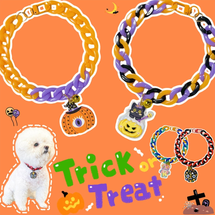 Collar de Halloween para mascotas, collar con etiqueta de dibujos animados, cadena decorativa ajustable para gatos y perros, Pumpkin 1, Pumpkin 2, Bat, Green Skull, Black Cat, Ghost, Small Black Cat, Spider