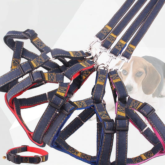 BG-Q1025 correa + correa para el pecho + collar engrosado fuerte Denim Pet Dog Leash Set, S, M, L, XL