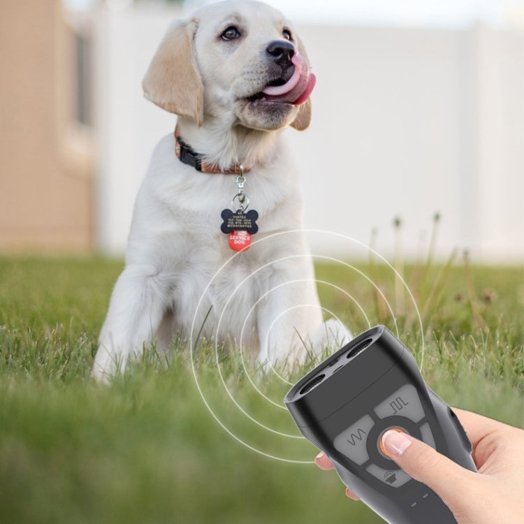 Repelente ultrasónico dual para mascotas, Barker con fuente de alimentación móvil, función de bocina de iluminación intermitente