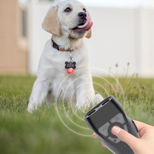 Repelente ultrasónico dual para mascotas, Barker con fuente de alimentación móvil, función de bocina de iluminación intermitente