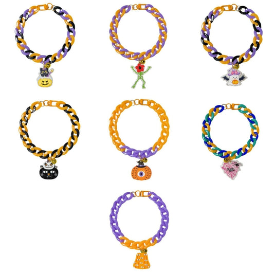 Collar de Halloween para mascotas, collar con etiqueta de dibujos animados, cadena decorativa ajustable para gatos y perros, Pumpkin 1, Pumpkin 2, Bat, Green Skull, Black Cat, Ghost, Small Black Cat, Spider